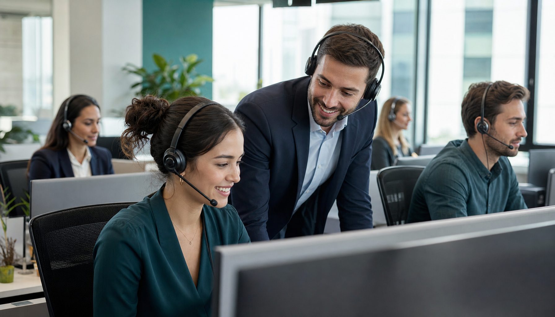 Business communications team wearing headsets in a modern office